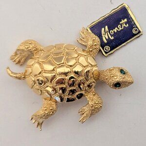 Vintage MONET NWTS Gold Tone Turtle Pin Brooch w/ Green Rhinestone Eyes-Rare!